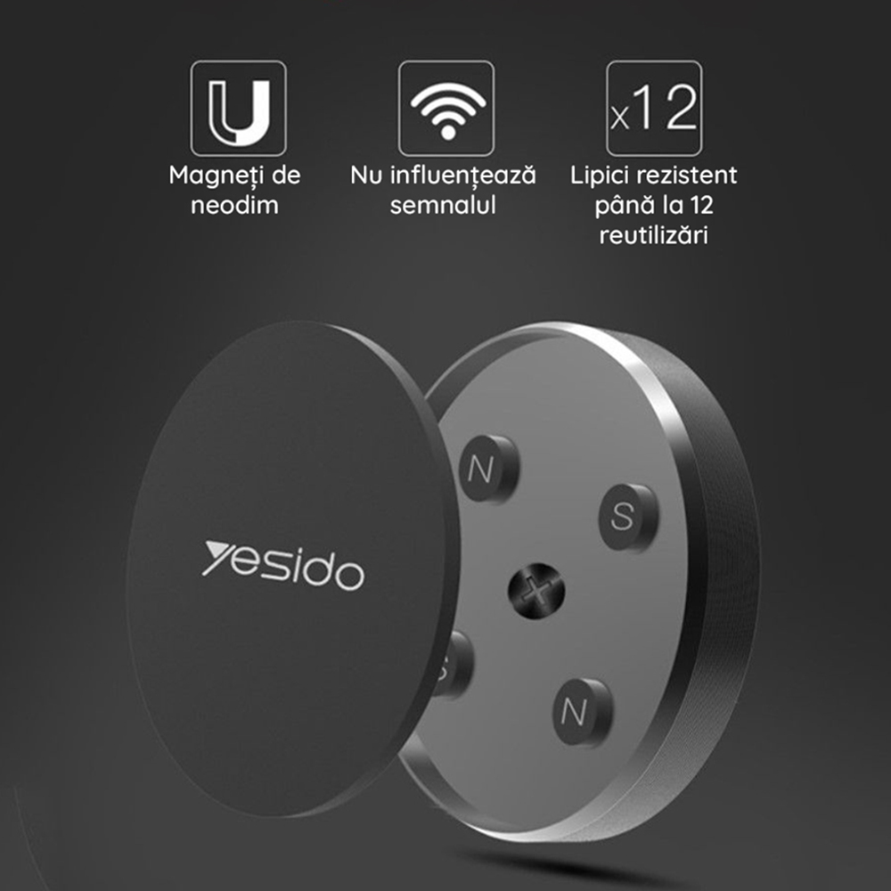 Suport telefon auto magnetic cu adeziv Yesido C38, negru - CatMobile