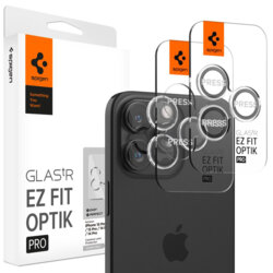 [Pachet 2x] Folie sticla camera iPhone 16 Pro Max Spigen Glas.tR Optik EZ Fit Pro, negru
