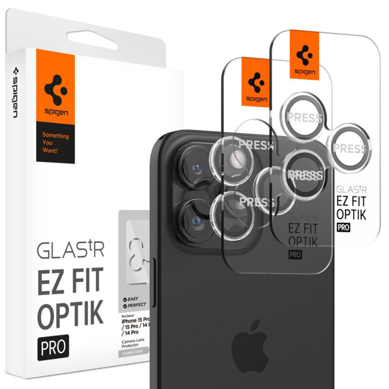 [Pachet 2x] Folie sticla camera iPhone 16 Pro Max Spigen Glas.tR Optik EZ Fit Pro, negru