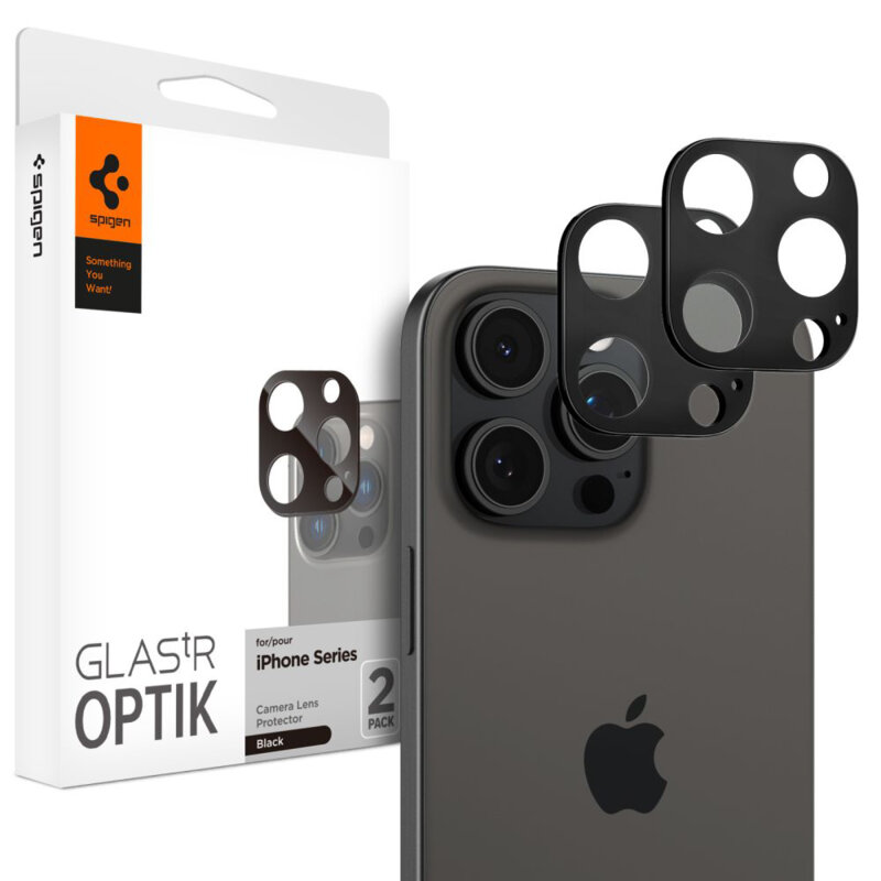 [Pachet 2x] Folie sticla camera iPhone 14 Pro Max Spigen Glas.tR Optik, negru