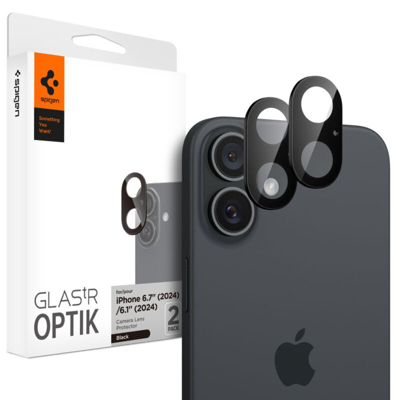 [Pachet 2x] Folie sticla camera iPhone 16 Spigen Glas.tR Optik, negru