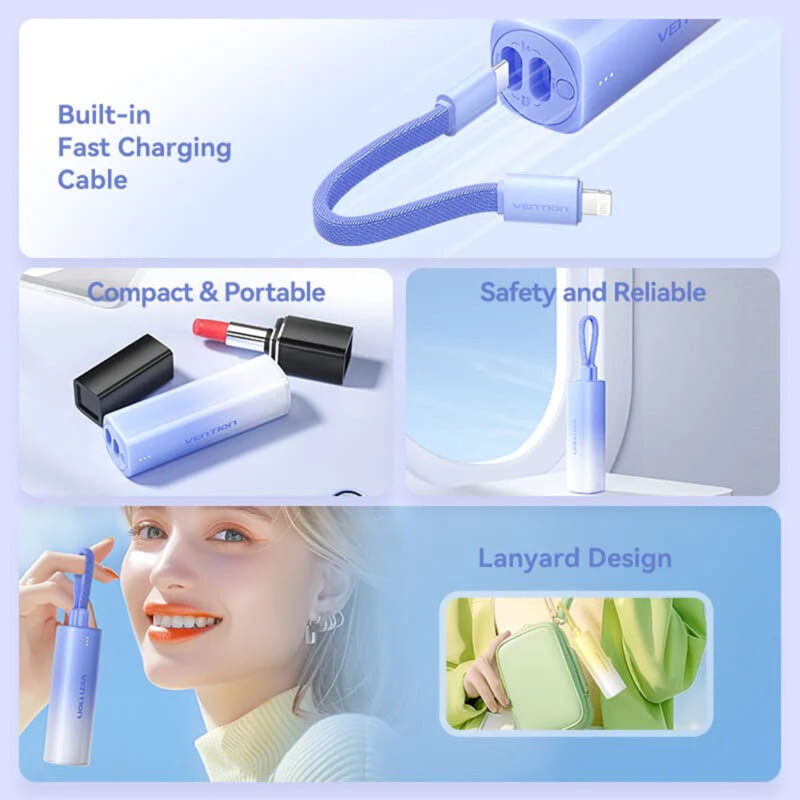 Baterie externa Type-C, Lightning Vention, 5000mAh, FHWR0, roz