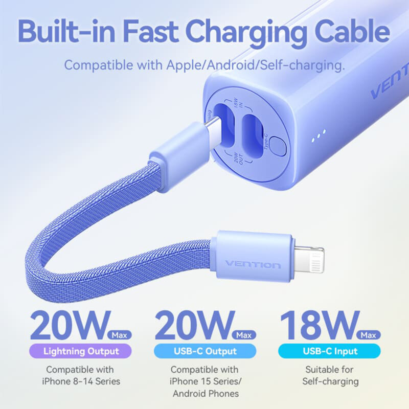 Baterie externa Type-C, Lightning Vention, 5000mAh, FHWL0, bleu