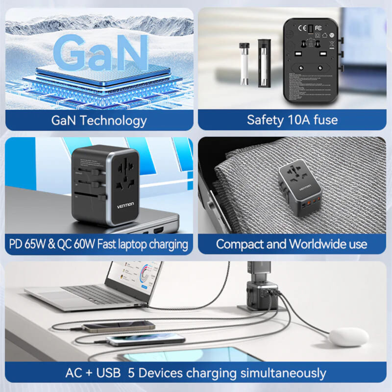 Adaptor priza EU la US, UK, AUS, 2xUSB, 2xUSB-C, Vention, FJFB0