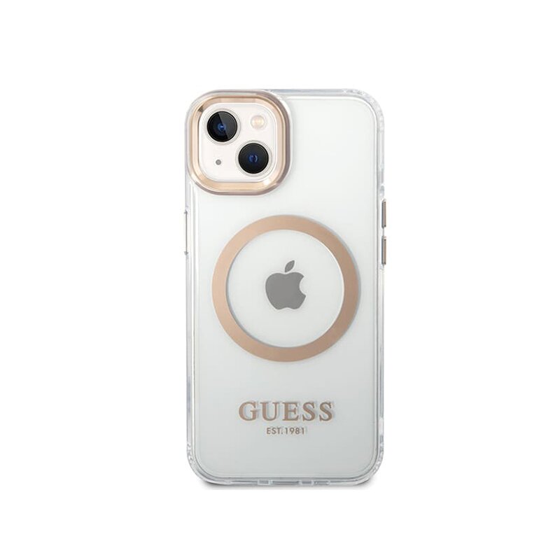 Husa iPhone 15 Plus originala Guess Metal Outline MagSafe, auriu, GUHMP15MHTRMD