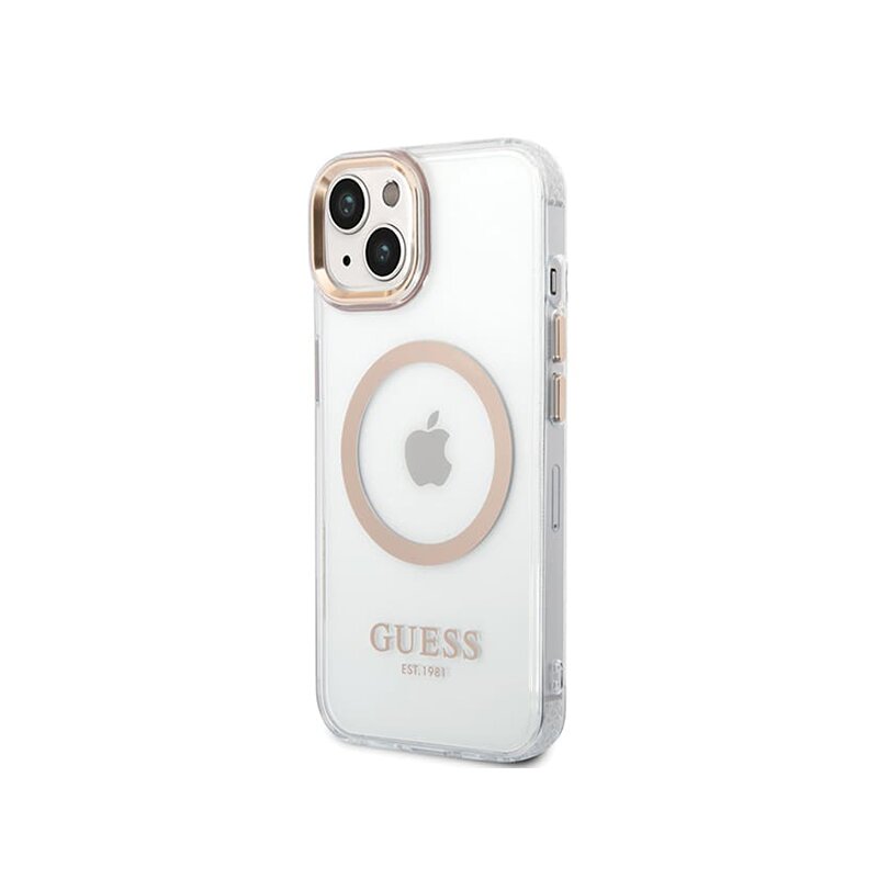 Husa iPhone 15 Plus originala Guess Metal Outline MagSafe, auriu, GUHMP15MHTRMD