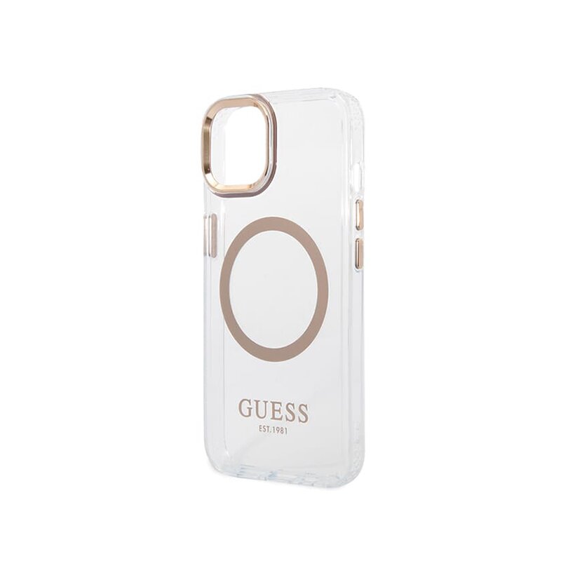 Husa iPhone 15 Plus originala Guess Metal Outline MagSafe, auriu, GUHMP15MHTRMD
