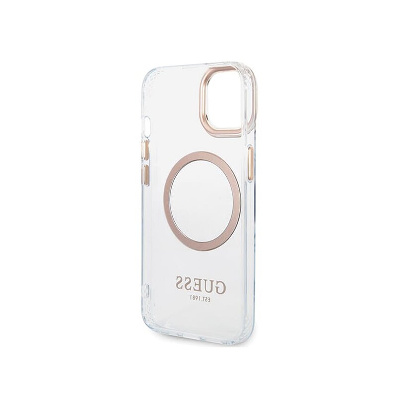 Husa iPhone 15 Plus originala Guess Metal Outline MagSafe, auriu, GUHMP15MHTRMD