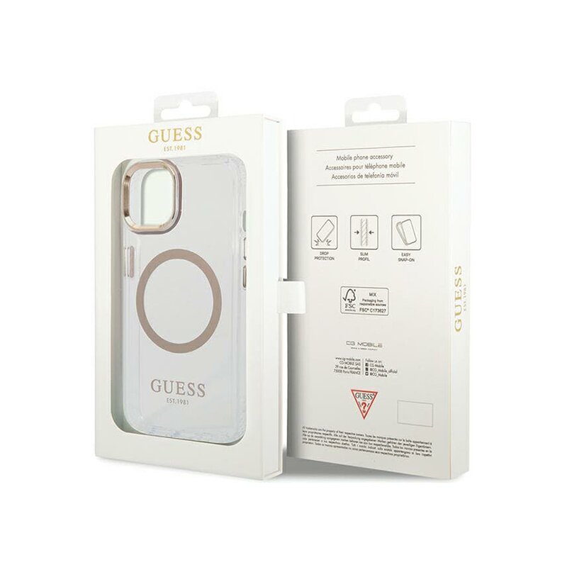 Husa iPhone 15 Plus originala Guess Metal Outline MagSafe, auriu, GUHMP15MHTRMD