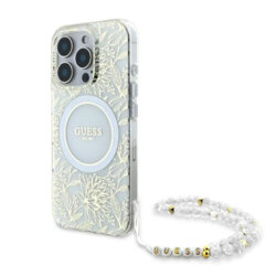 Husa iPhone 16 Pro Max originala Guess IML Flowers Allover Electro With Pearl Strap MagSafe, alb, GUHMP16XHCPOFPH