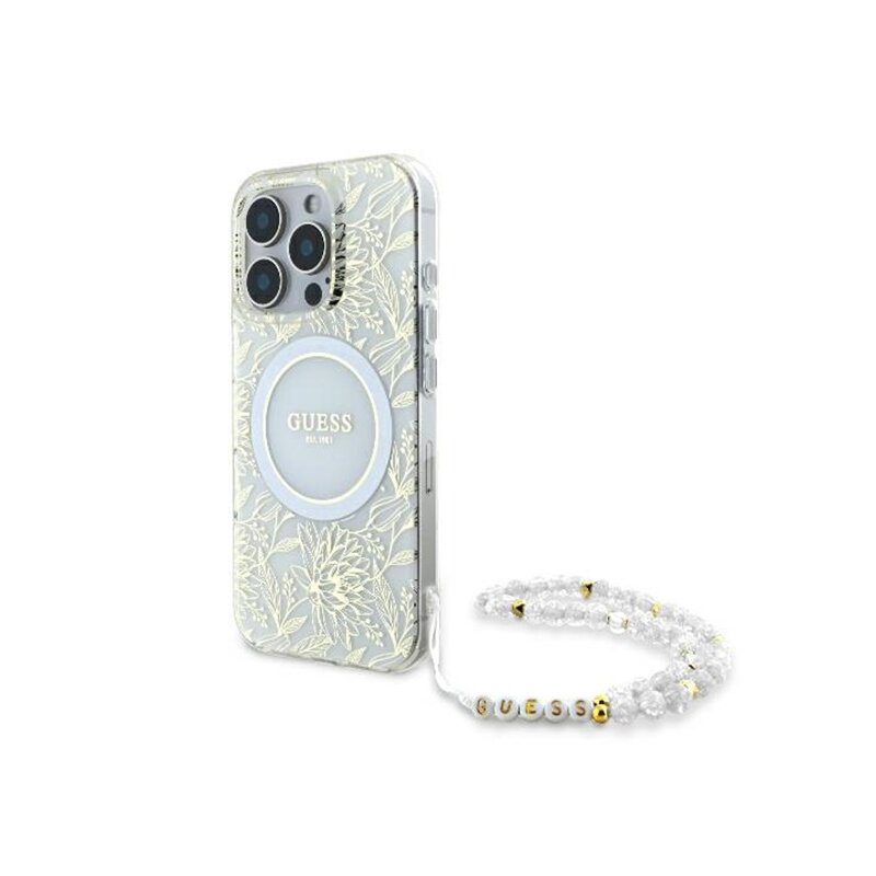 Husa iPhone 16 Pro Max originala Guess IML Flowers Allover Electro With Pearl Strap MagSafe, alb, GUHMP16XHCPOFPH