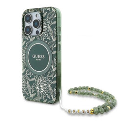 Husa iPhone 16 Pro originala Guess IML Flowers Allover Electro With Pearl Strap MagSafe, verde, GUHMP16LHCPOFPA