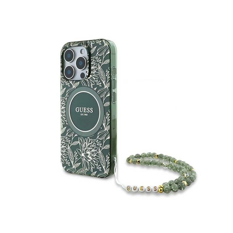 Husa iPhone 16 Pro originala Guess IML Flowers Allover Electro With Pearl Strap MagSafe, verde, GUHMP16LHCPOFPA