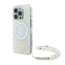 Husa iPhone 16 Pro originala Guess IML Flowers Allover Electro With Pearl Strap MagSafe, alb, GUHMP16LHCPOFPH