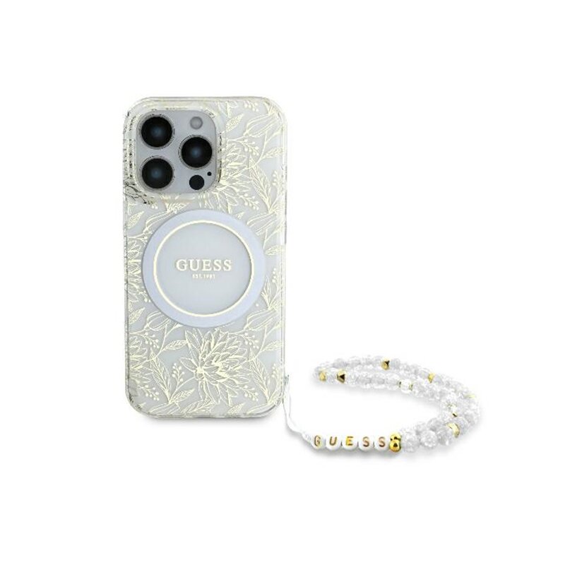 Husa iPhone 16 Pro originala Guess IML Flowers Allover Electro With Pearl Strap MagSafe, alb, GUHMP16LHCPOFPH
