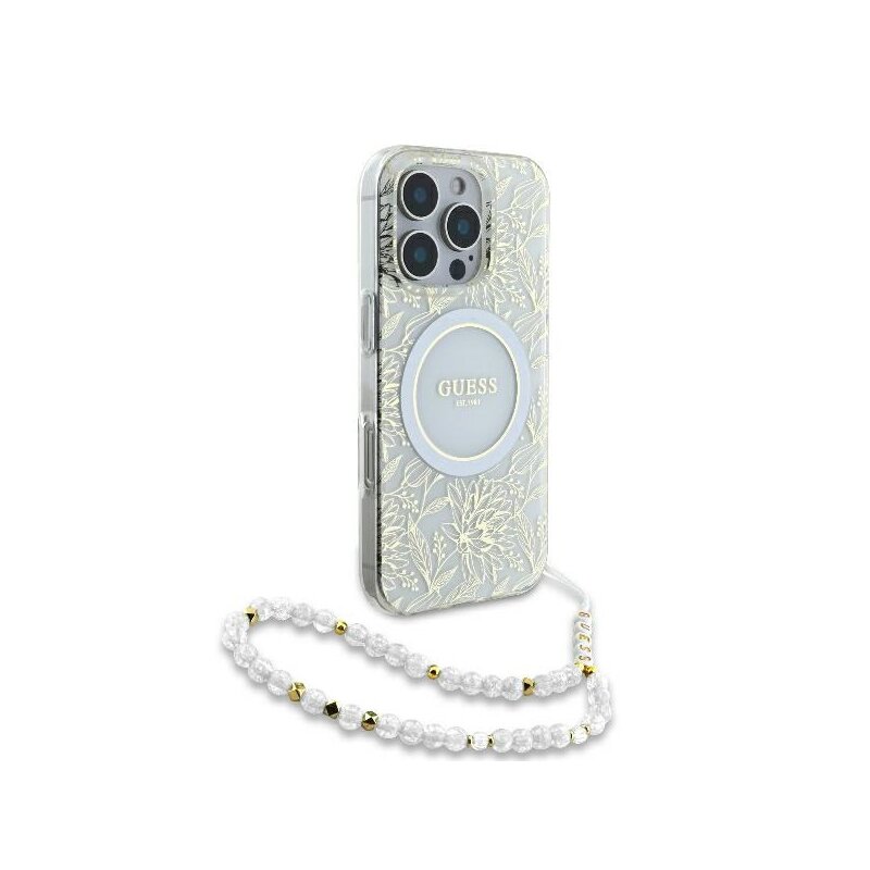 Husa iPhone 16 Pro originala Guess IML Flowers Allover Electro With Pearl Strap MagSafe, alb, GUHMP16LHCPOFPH