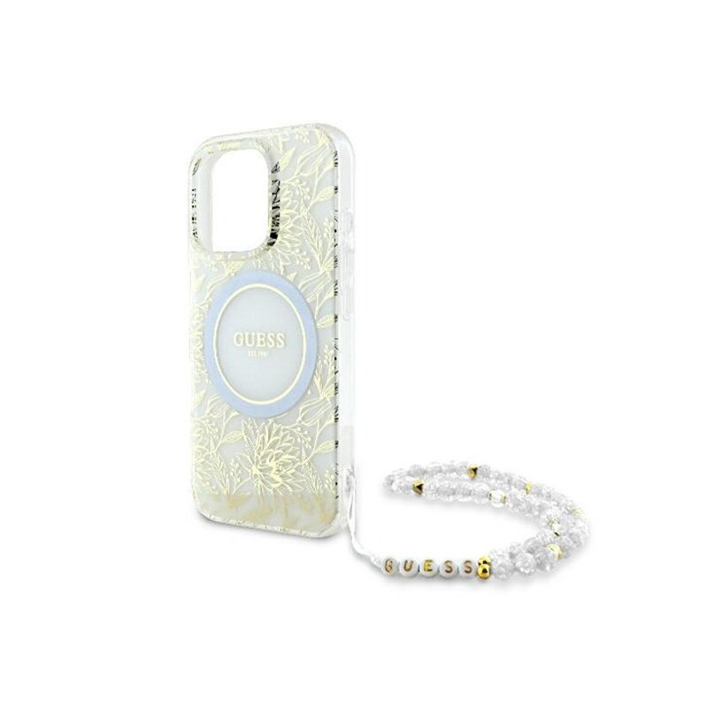 Husa iPhone 16 Pro originala Guess IML Flowers Allover Electro With Pearl Strap MagSafe, alb, GUHMP16LHCPOFPH