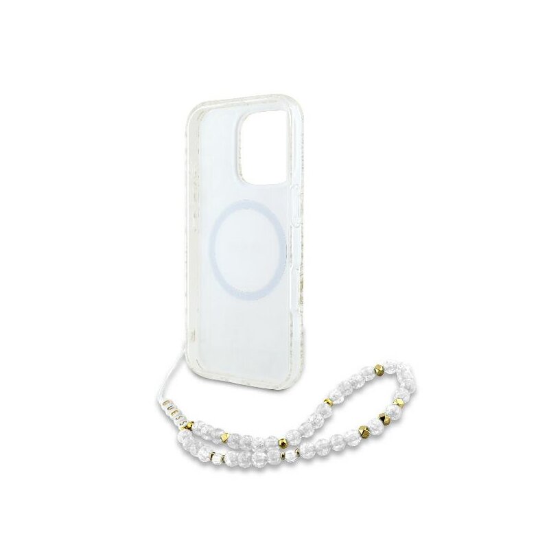 Husa iPhone 16 Pro originala Guess IML Flowers Allover Electro With Pearl Strap MagSafe, alb, GUHMP16LHCPOFPH