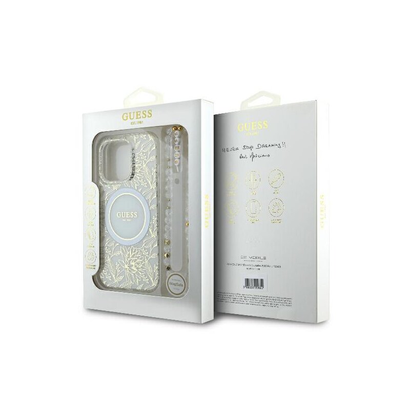 Husa iPhone 16 Pro originala Guess IML Flowers Allover Electro With Pearl Strap MagSafe, alb, GUHMP16LHCPOFPH