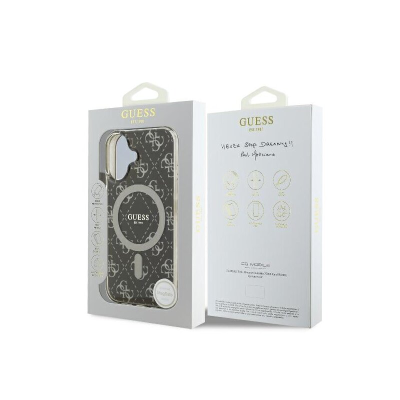 Husa iPhone 16 Plus originala Guess IML 4G Background MagSafe, maro, GUHMP16MH4DTEW