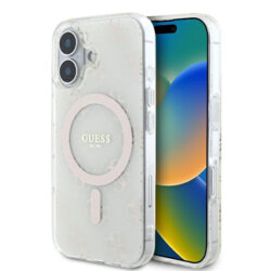 Husa iPhone 16 originala Guess IML 4G Background MagSafe, alb, GUHMP16SH4DTEH