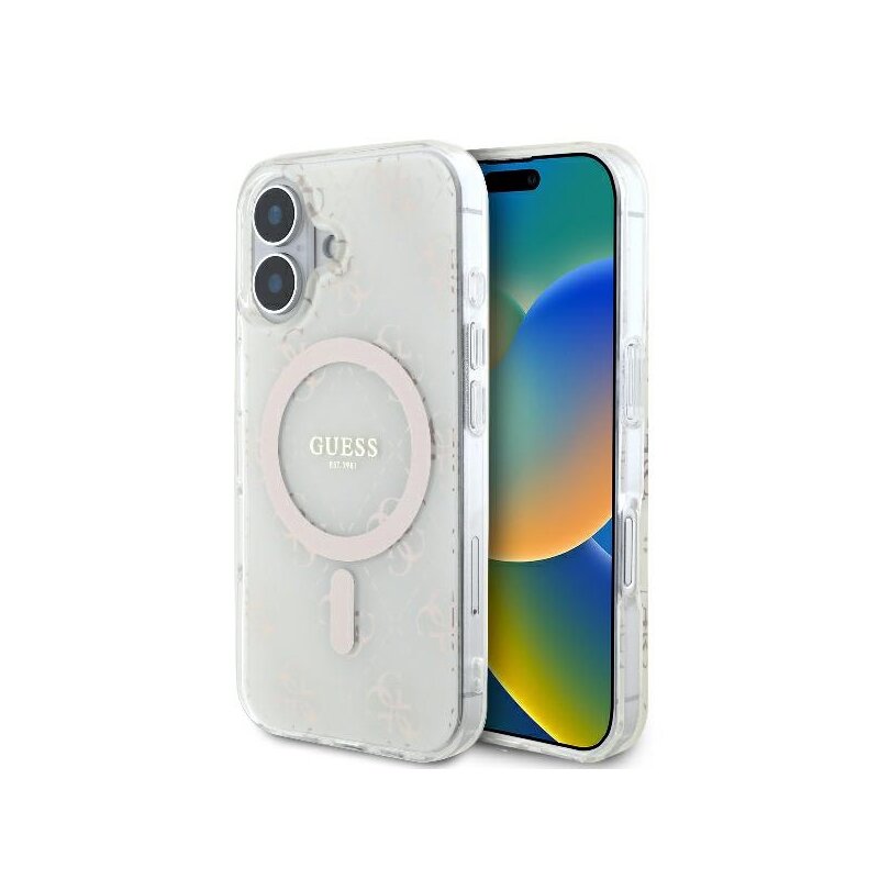 Husa iPhone 16 originala Guess IML 4G Background MagSafe, alb, GUHMP16SH4DTEH