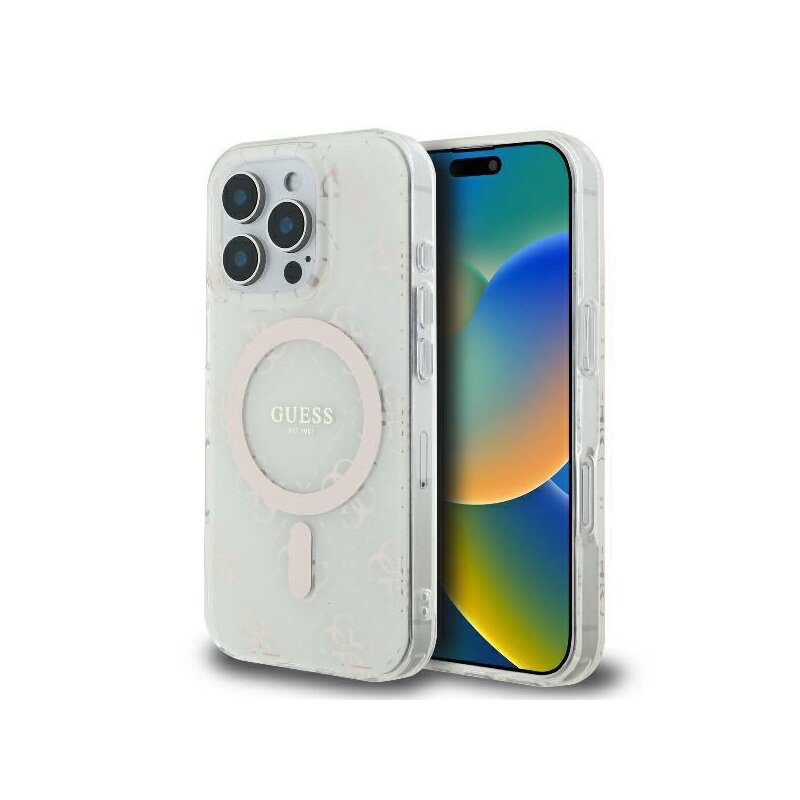 Husa iPhone 16 Pro originala Guess IML 4G Background MagSafe, alb, GUHMP16LH4DTEH