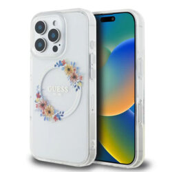 Husa iPhone 16 Pro Max originala Guess IML Flowers Wreath MagSafe, transparenta, GUHMP16XHFWFCT