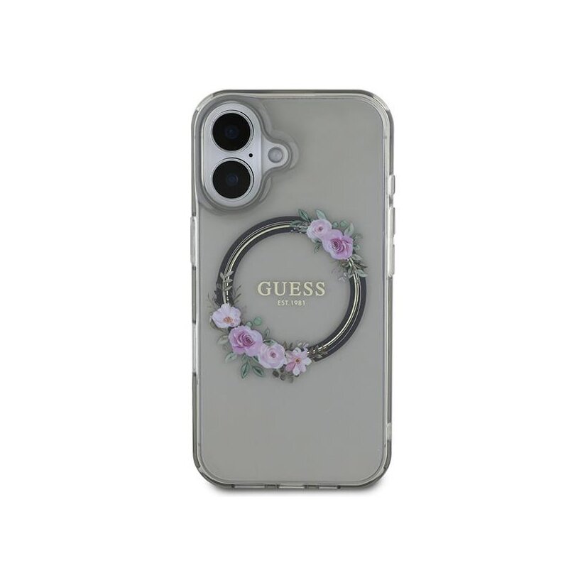 Husa iPhone 16 originala Guess IML Flowers Wreath MagSafe, negru, GUHMP16SHFWFCK