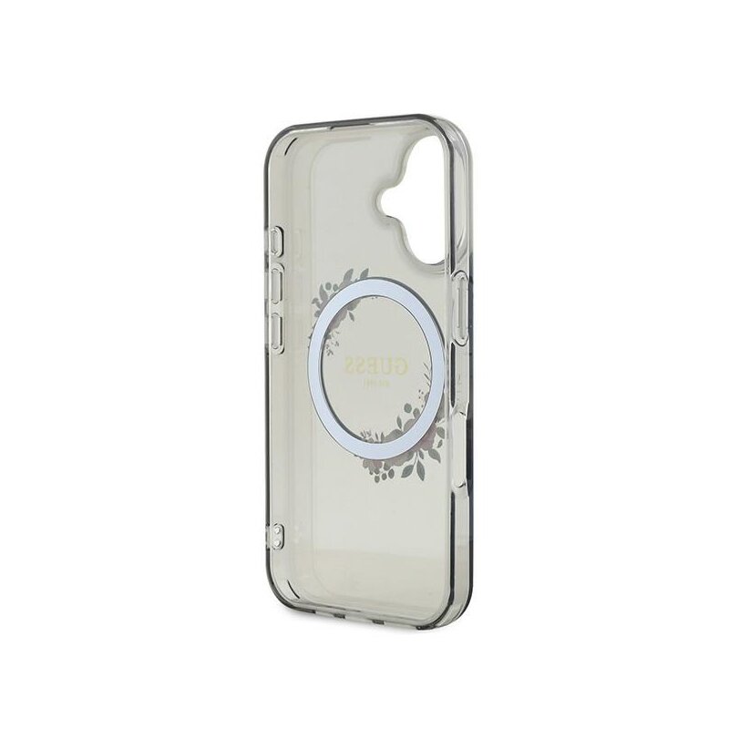 Husa iPhone 16 originala Guess IML Flowers Wreath MagSafe, negru, GUHMP16SHFWFCK