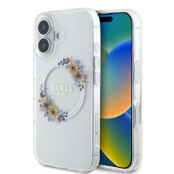 Husa iPhone 16 Plus originala Guess IML Flowers Wreath MagSafe, transparenta, GUHMP16MHFWFCT