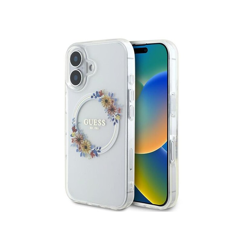 Husa iPhone 16 Plus originala Guess IML Flowers Wreath MagSafe, transparenta, GUHMP16MHFWFCT