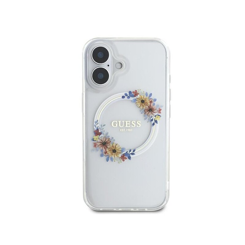 Husa iPhone 16 Plus originala Guess IML Flowers Wreath MagSafe, transparenta, GUHMP16MHFWFCT