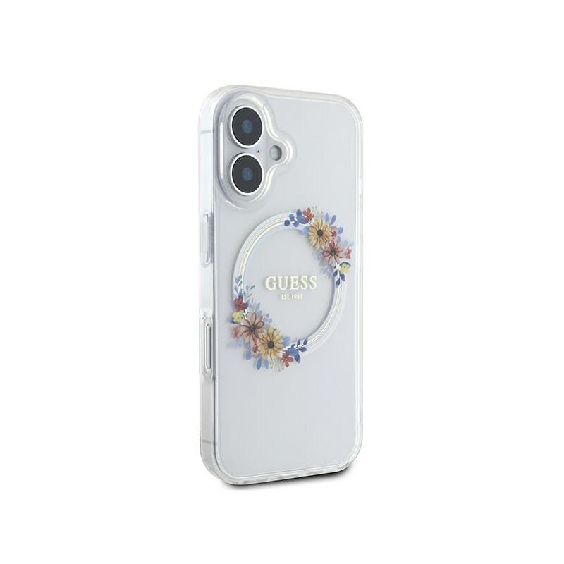 Husa iPhone 16 Plus originala Guess IML Flowers Wreath MagSafe, transparenta, GUHMP16MHFWFCT