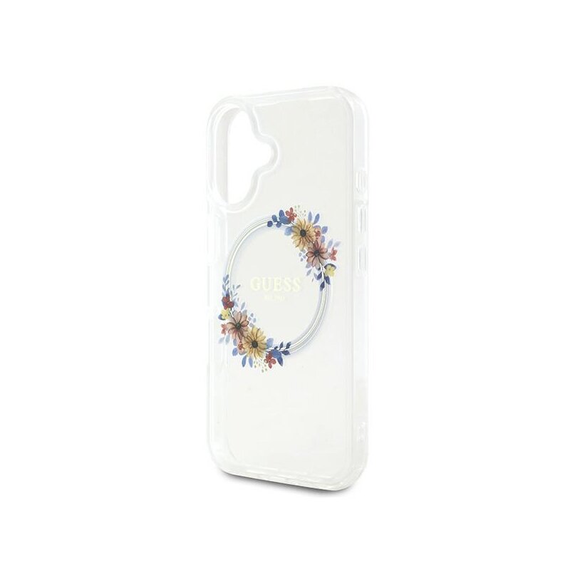 Husa iPhone 16 Plus originala Guess IML Flowers Wreath MagSafe, transparenta, GUHMP16MHFWFCT