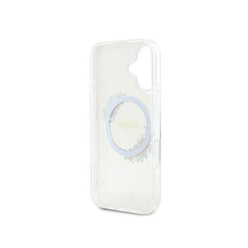 Husa iPhone 16 Plus originala Guess IML Flowers Wreath MagSafe, transparenta, GUHMP16MHFWFCT