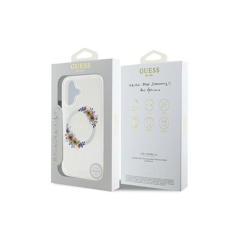 Husa iPhone 16 Plus originala Guess IML Flowers Wreath MagSafe, transparenta, GUHMP16MHFWFCT