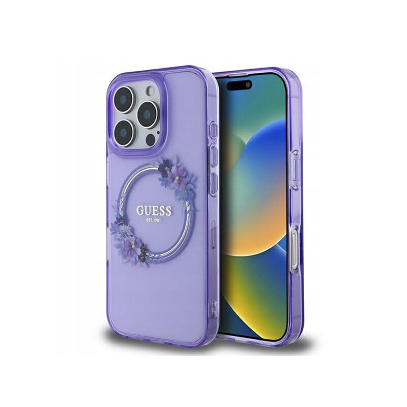 Husa iPhone 16 Pro Max originala Guess IML Flowers Wreath MagSafe, mov, GUHMP16XHFWFCU