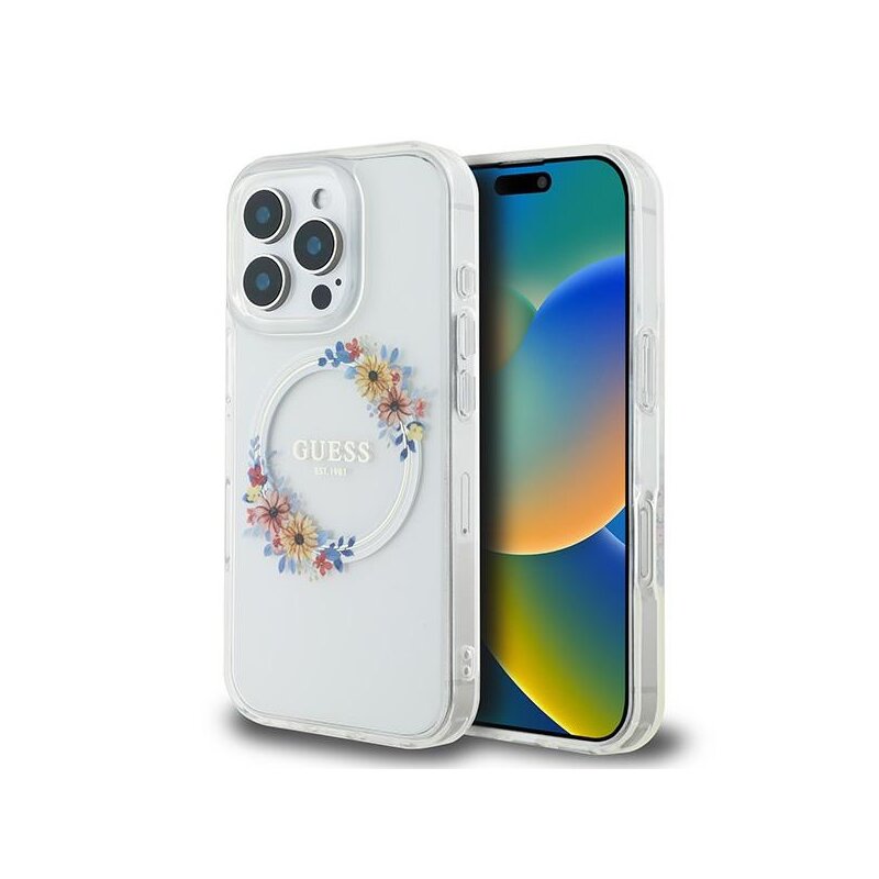 Husa iPhone 16 Pro originala Guess IML Flowers Wreath MagSafe, transparenta, GUHMP16LHFWFCT