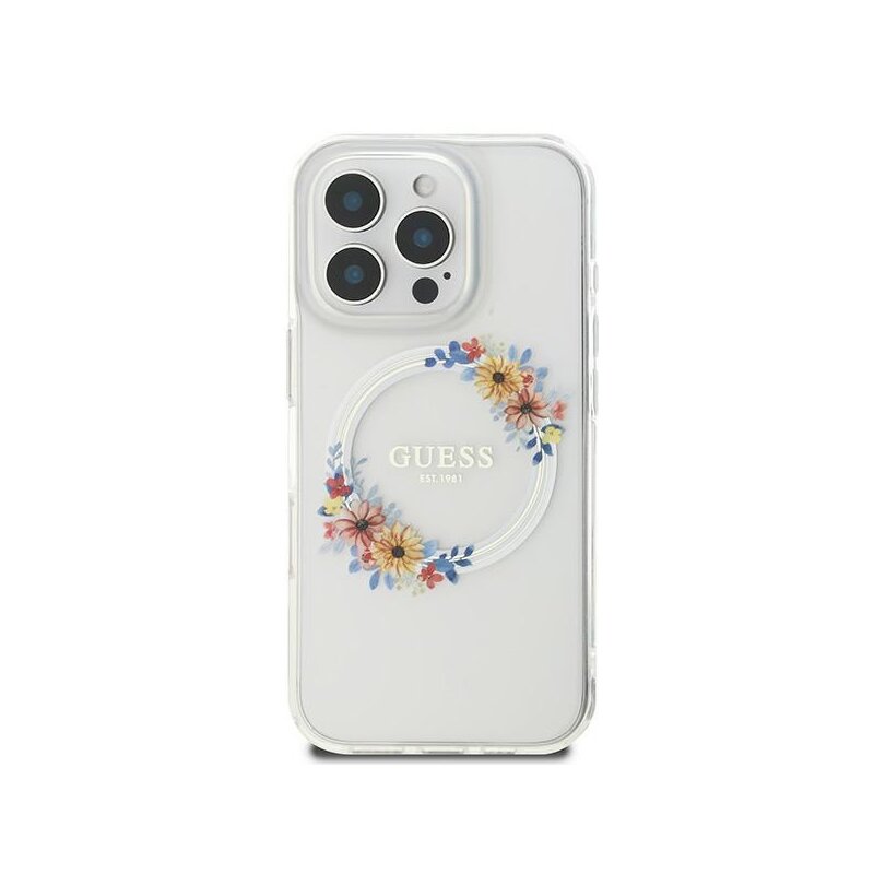 Husa iPhone 16 Pro originala Guess IML Flowers Wreath MagSafe, transparenta, GUHMP16LHFWFCT