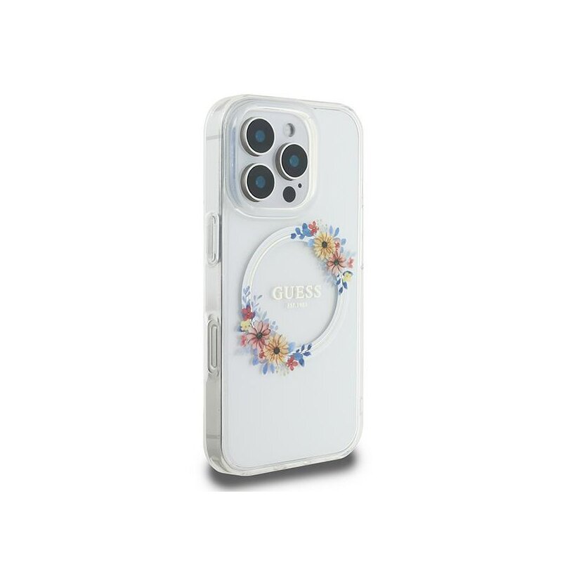 Husa iPhone 16 Pro originala Guess IML Flowers Wreath MagSafe, transparenta, GUHMP16LHFWFCT