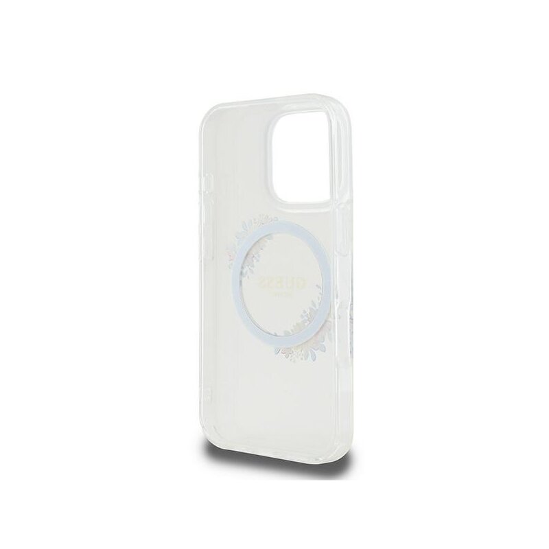 Husa iPhone 16 Pro originala Guess IML Flowers Wreath MagSafe, transparenta, GUHMP16LHFWFCT