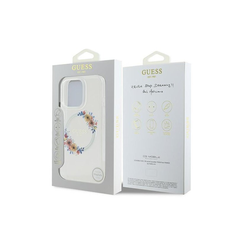 Husa iPhone 16 Pro originala Guess IML Flowers Wreath MagSafe, transparenta, GUHMP16LHFWFCT