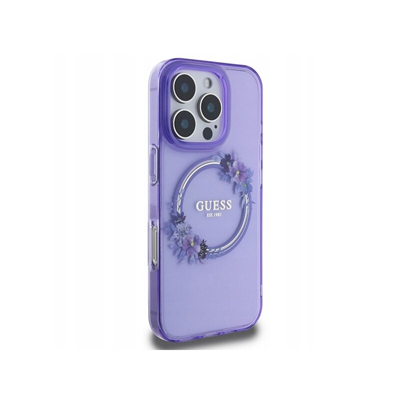 Husa iPhone 16 Pro originala Guess IML Flowers Wreath MagSafe, mov, GUHMP16LHFWFCU