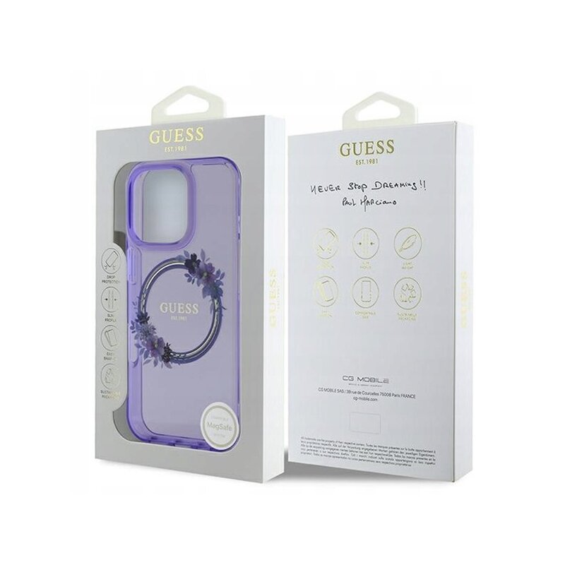 Husa iPhone 16 Pro originala Guess IML Flowers Wreath MagSafe, mov, GUHMP16LHFWFCU