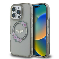 Husa iPhone 16 Pro originala Guess IML Flowers Wreath MagSafe, negru, GUHMP16LHFWFCK