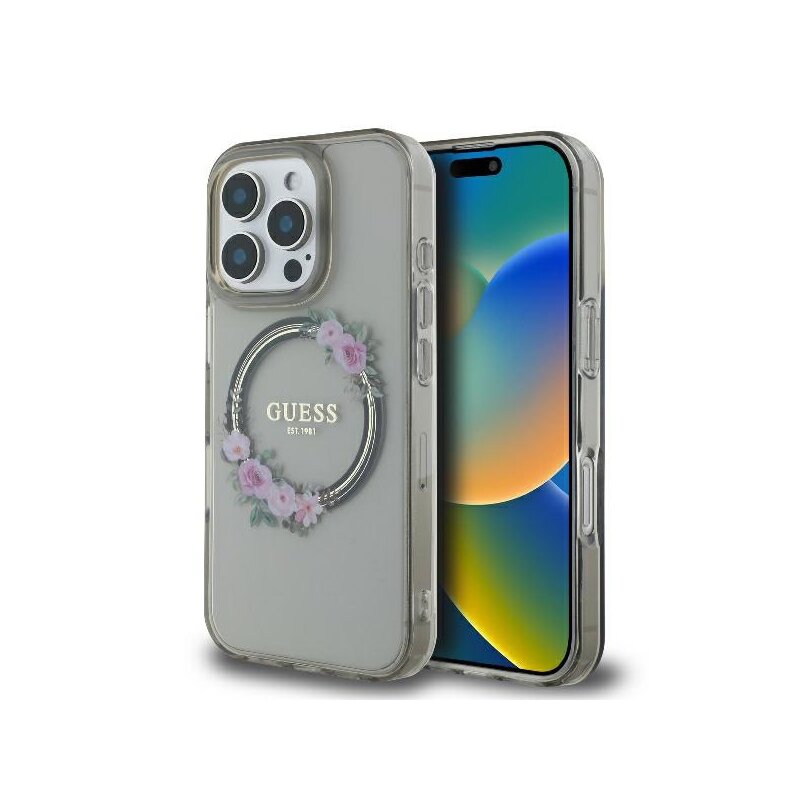 Husa iPhone 16 Pro originala Guess IML Flowers Wreath MagSafe, negru, GUHMP16LHFWFCK