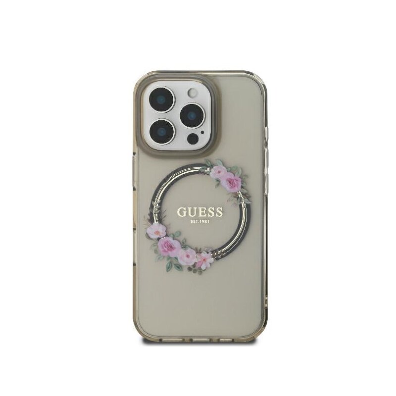 Husa iPhone 16 Pro originala Guess IML Flowers Wreath MagSafe, negru, GUHMP16LHFWFCK