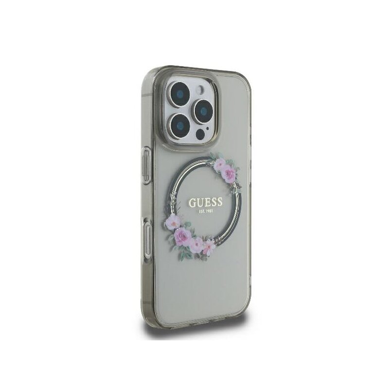 Husa iPhone 16 Pro originala Guess IML Flowers Wreath MagSafe, negru, GUHMP16LHFWFCK