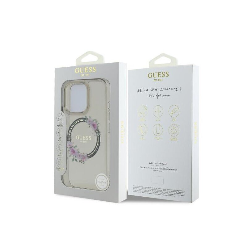 Husa iPhone 16 Pro originala Guess IML Flowers Wreath MagSafe, negru, GUHMP16LHFWFCK